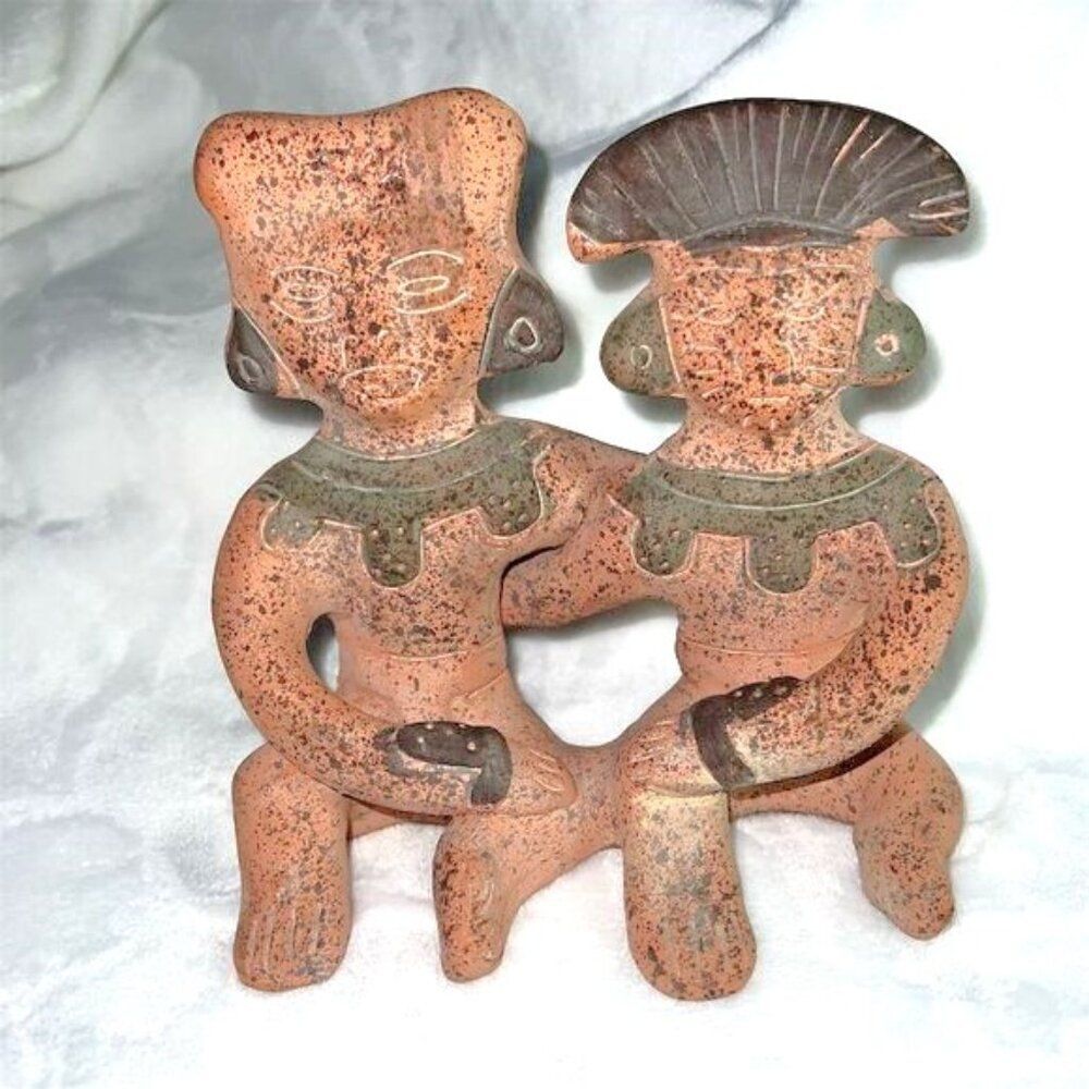 Vintage Terracotta Aztec Mayan Sitting Couple Statue Figures